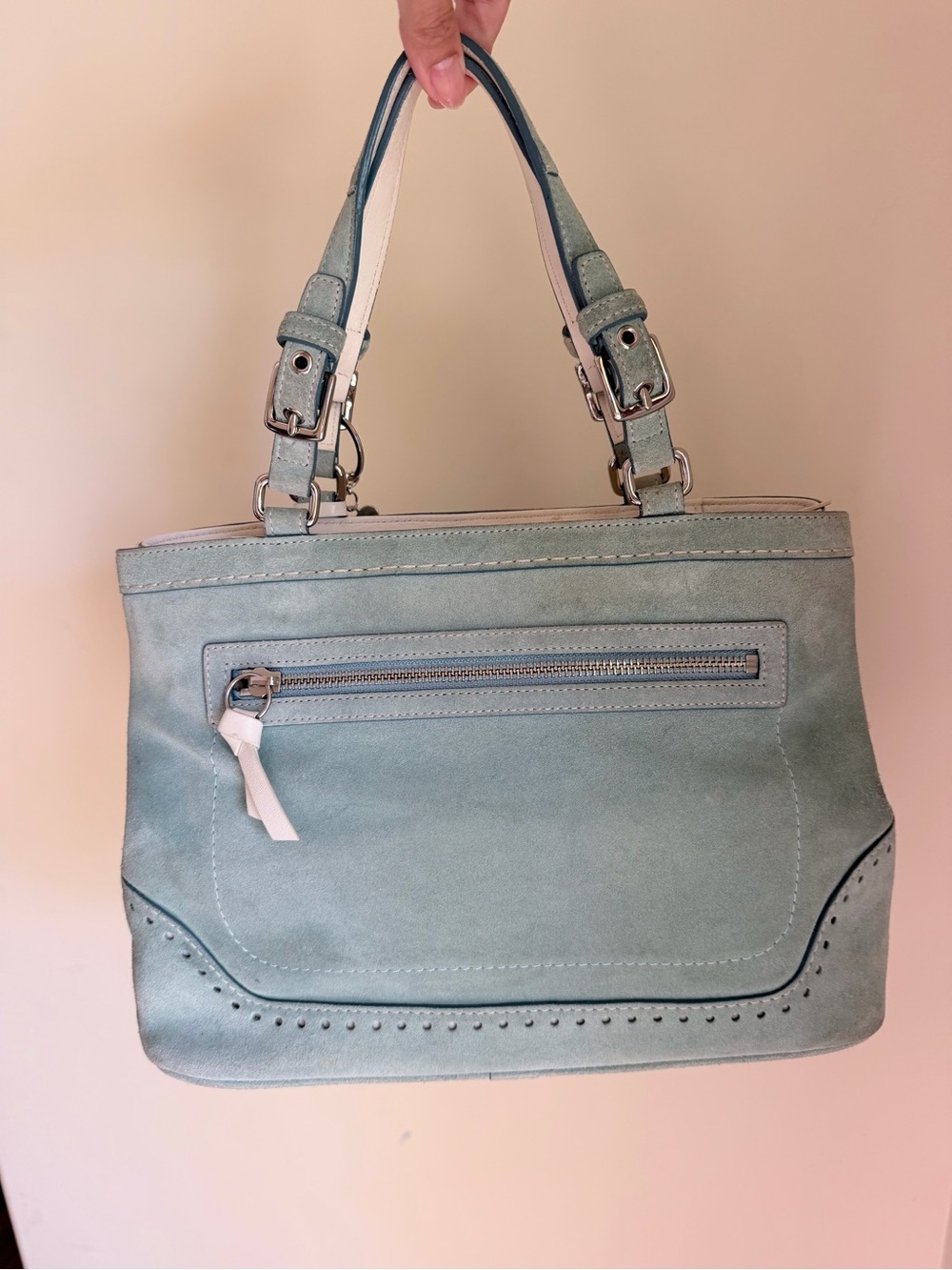 Coach Hampton Suede Carryall Tote in light blue/teal - Picture 3 of 9